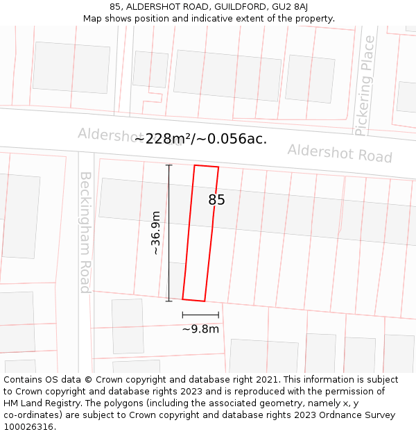 85, ALDERSHOT ROAD, GUILDFORD, GU2 8AJ: Plot and title map