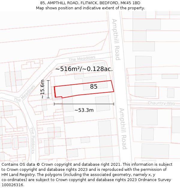 85, AMPTHILL ROAD, FLITWICK, BEDFORD, MK45 1BD: Plot and title map