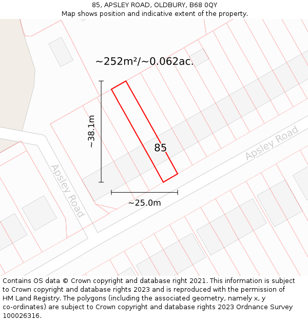 85, APSLEY ROAD, OLDBURY, B68 0QY: Plot and title map