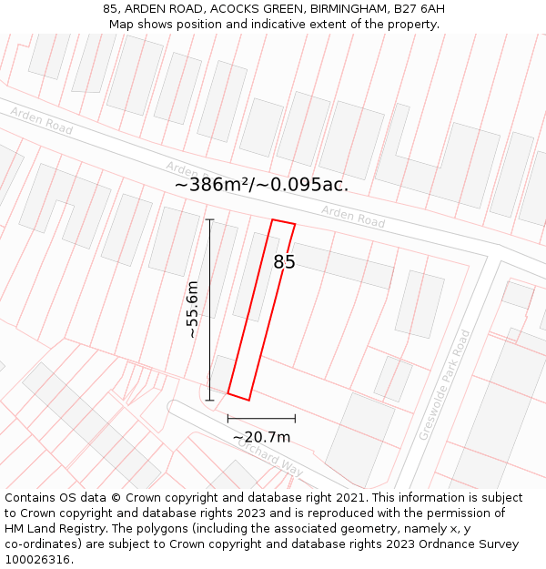 85, ARDEN ROAD, ACOCKS GREEN, BIRMINGHAM, B27 6AH: Plot and title map