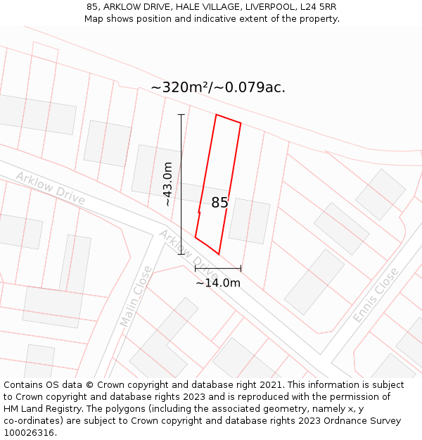 85, ARKLOW DRIVE, HALE VILLAGE, LIVERPOOL, L24 5RR: Plot and title map