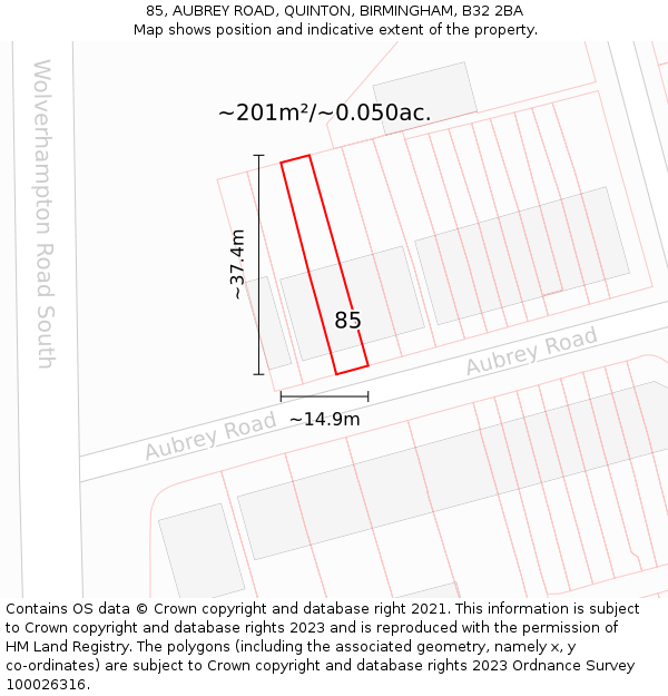 85, AUBREY ROAD, QUINTON, BIRMINGHAM, B32 2BA: Plot and title map