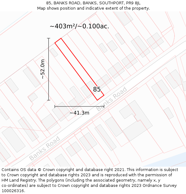 85, BANKS ROAD, BANKS, SOUTHPORT, PR9 8JL: Plot and title map