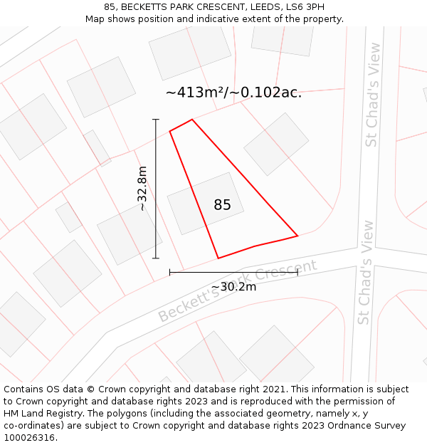 85, BECKETTS PARK CRESCENT, LEEDS, LS6 3PH: Plot and title map