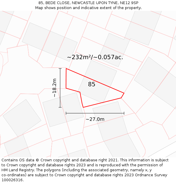 85, BEDE CLOSE, NEWCASTLE UPON TYNE, NE12 9SP: Plot and title map