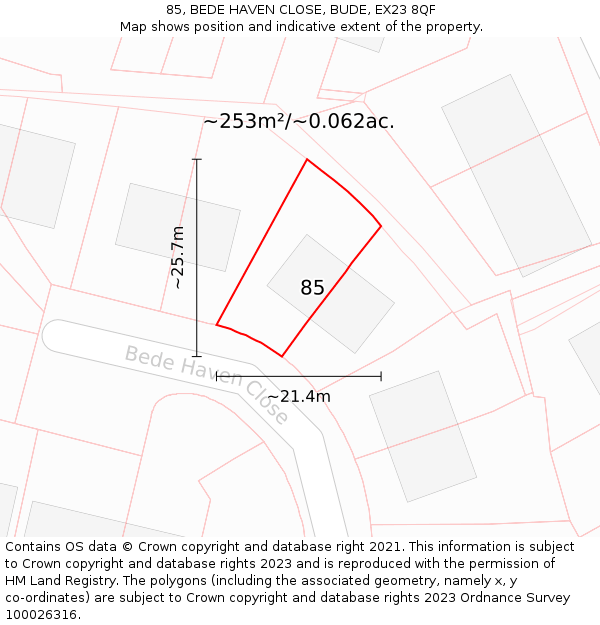 85, BEDE HAVEN CLOSE, BUDE, EX23 8QF: Plot and title map