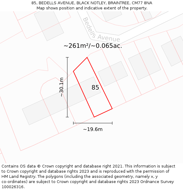 85, BEDELLS AVENUE, BLACK NOTLEY, BRAINTREE, CM77 8NA: Plot and title map