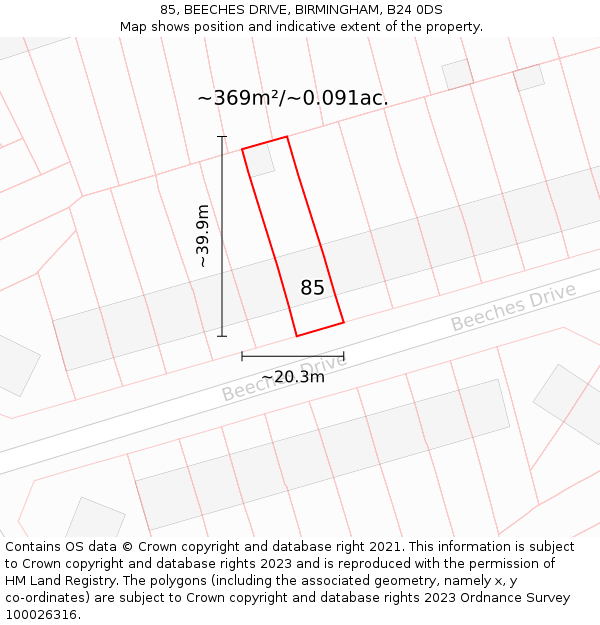 85, BEECHES DRIVE, BIRMINGHAM, B24 0DS: Plot and title map