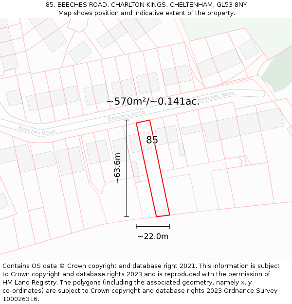 85, BEECHES ROAD, CHARLTON KINGS, CHELTENHAM, GL53 8NY: Plot and title map