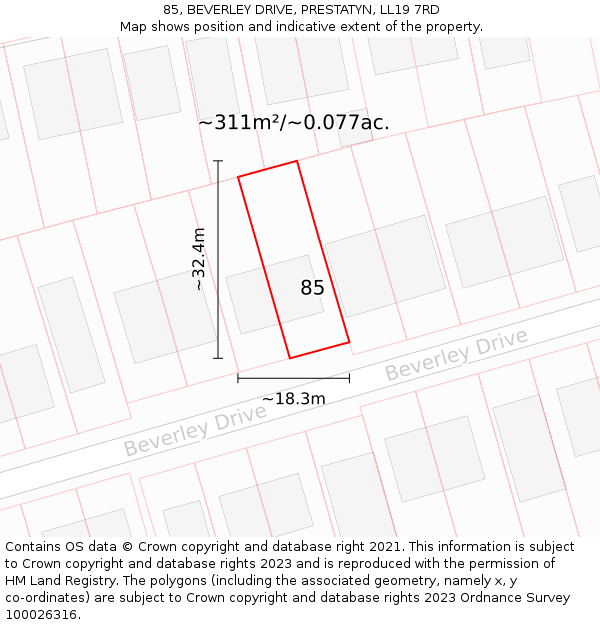 85, BEVERLEY DRIVE, PRESTATYN, LL19 7RD: Plot and title map