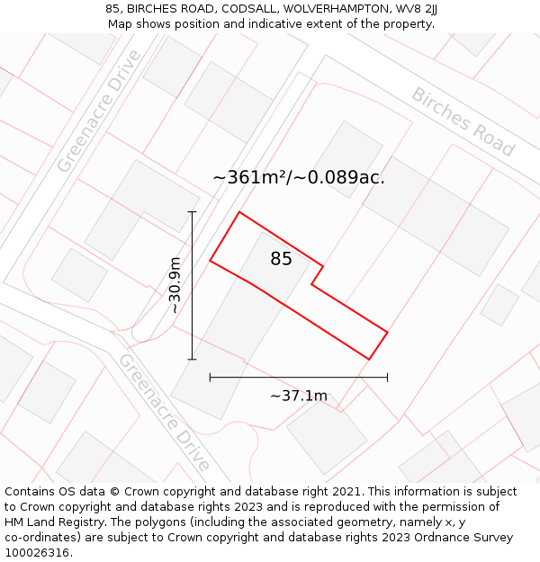 85, BIRCHES ROAD, CODSALL, WOLVERHAMPTON, WV8 2JJ: Plot and title map