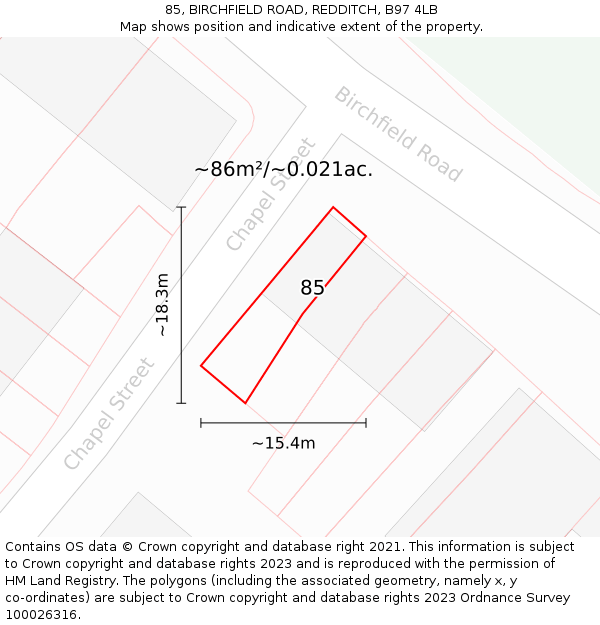 85, BIRCHFIELD ROAD, REDDITCH, B97 4LB: Plot and title map