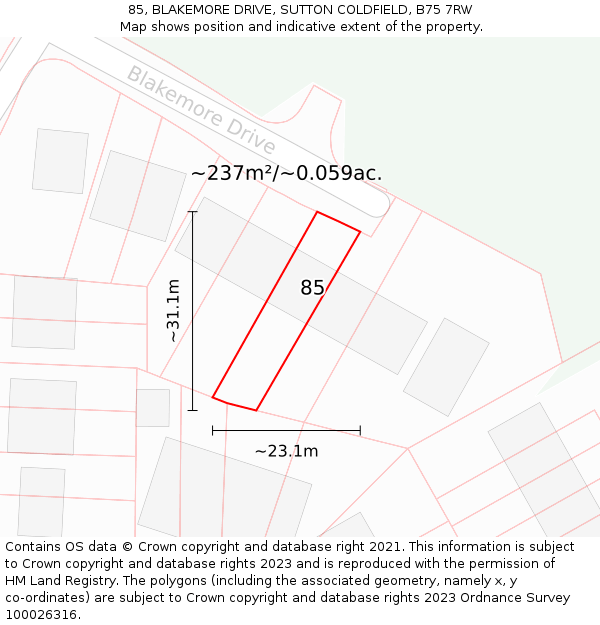 85, BLAKEMORE DRIVE, SUTTON COLDFIELD, B75 7RW: Plot and title map