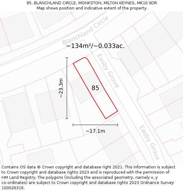 85, BLANCHLAND CIRCLE, MONKSTON, MILTON KEYNES, MK10 9DR: Plot and title map