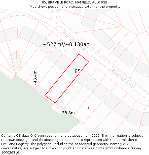 85, BRAMBLE ROAD, HATFIELD, AL10 9SB: Plot and title map