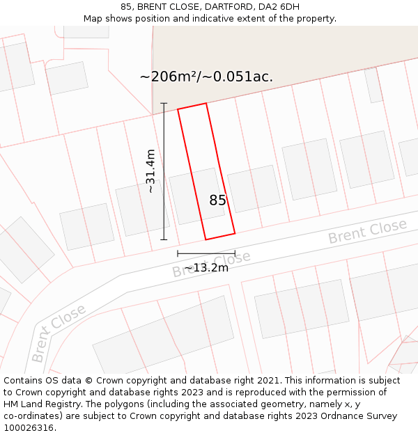 85, BRENT CLOSE, DARTFORD, DA2 6DH: Plot and title map