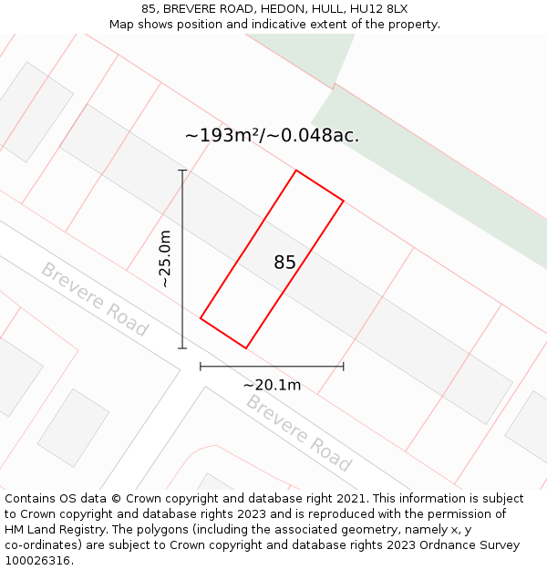 85, BREVERE ROAD, HEDON, HULL, HU12 8LX: Plot and title map