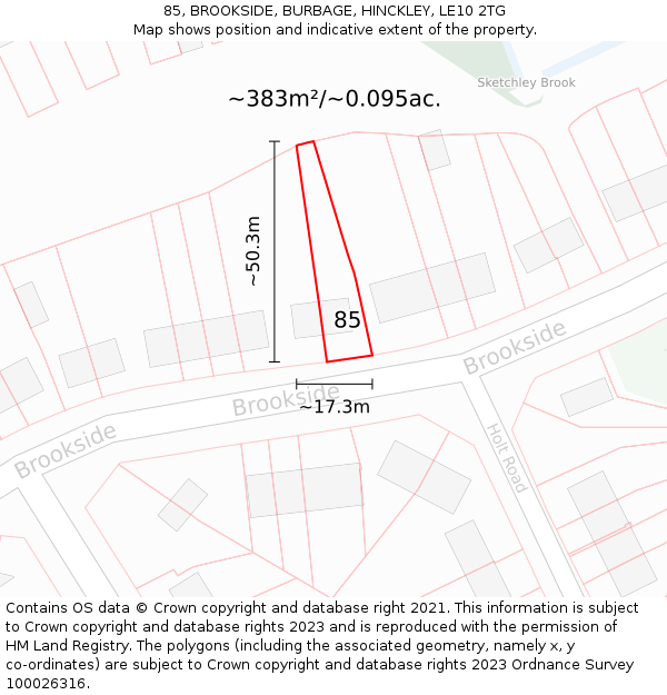 85, BROOKSIDE, BURBAGE, HINCKLEY, LE10 2TG: Plot and title map