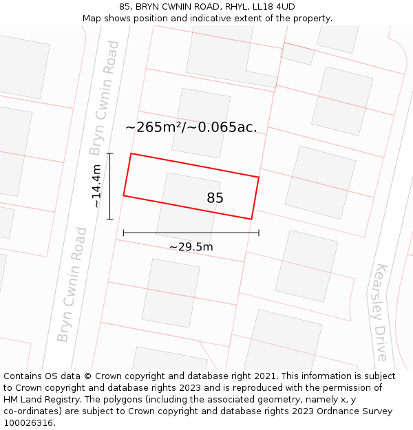 85, BRYN CWNIN ROAD, RHYL, LL18 4UD: Plot and title map