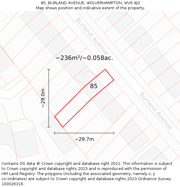 85, BURLAND AVENUE, WOLVERHAMPTON, WV6 9JG: Plot and title map