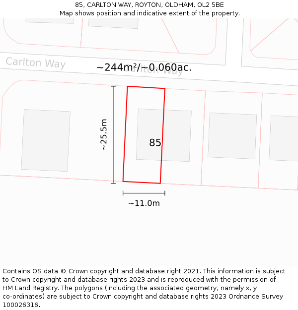 85, CARLTON WAY, ROYTON, OLDHAM, OL2 5BE: Plot and title map