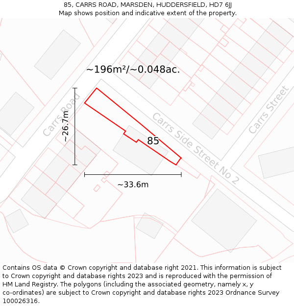 85, CARRS ROAD, MARSDEN, HUDDERSFIELD, HD7 6JJ: Plot and title map