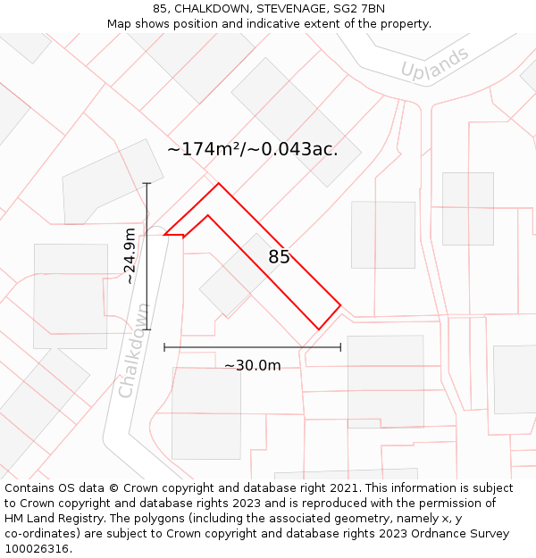 85, CHALKDOWN, STEVENAGE, SG2 7BN: Plot and title map