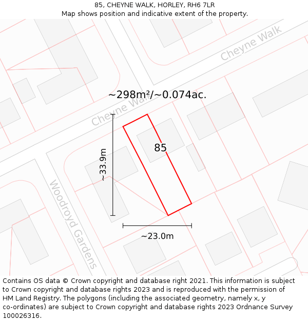 85, CHEYNE WALK, HORLEY, RH6 7LR: Plot and title map