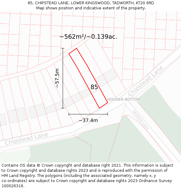 85, CHIPSTEAD LANE, LOWER KINGSWOOD, TADWORTH, KT20 6RD: Plot and title map