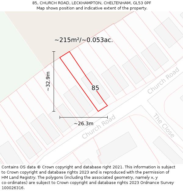 85, CHURCH ROAD, LECKHAMPTON, CHELTENHAM, GL53 0PF: Plot and title map