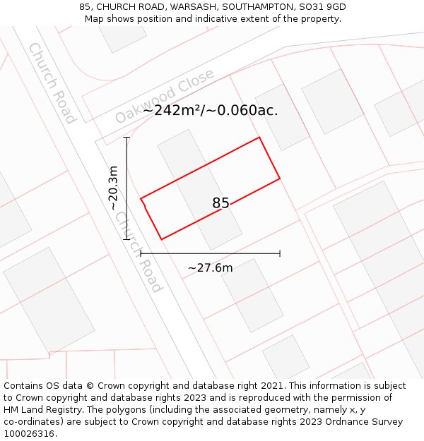 85, CHURCH ROAD, WARSASH, SOUTHAMPTON, SO31 9GD: Plot and title map