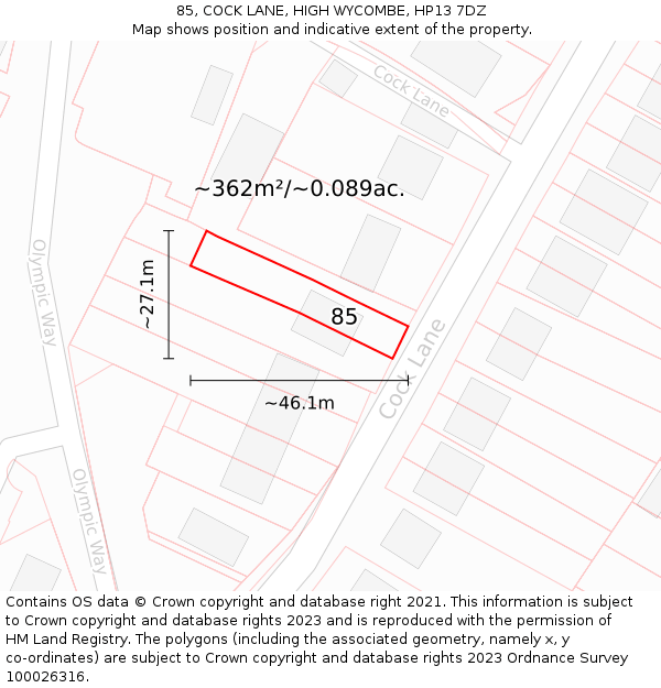 85, COCK LANE, HIGH WYCOMBE, HP13 7DZ: Plot and title map