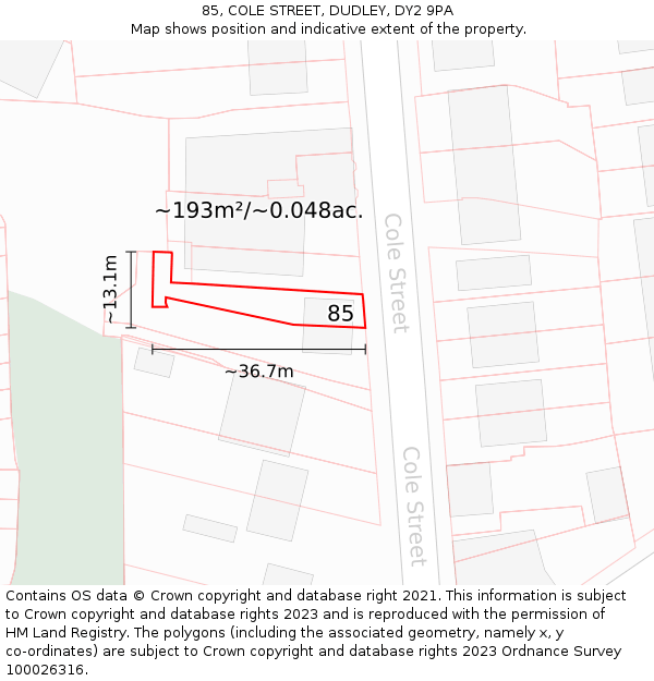 85, COLE STREET, DUDLEY, DY2 9PA: Plot and title map