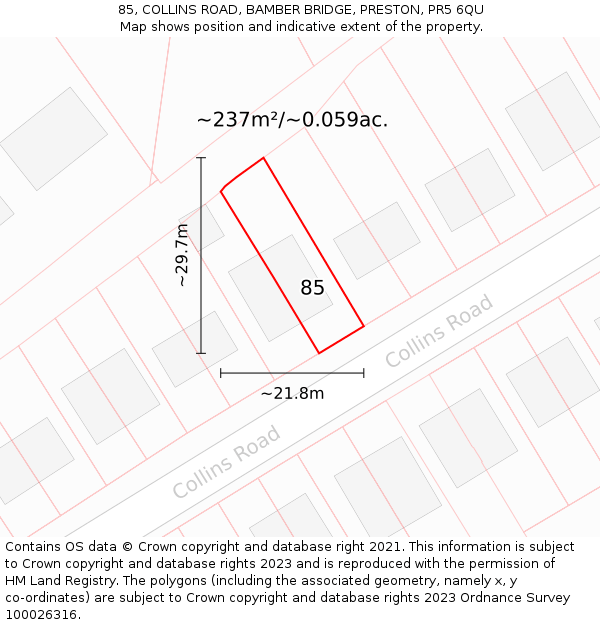 85, COLLINS ROAD, BAMBER BRIDGE, PRESTON, PR5 6QU: Plot and title map