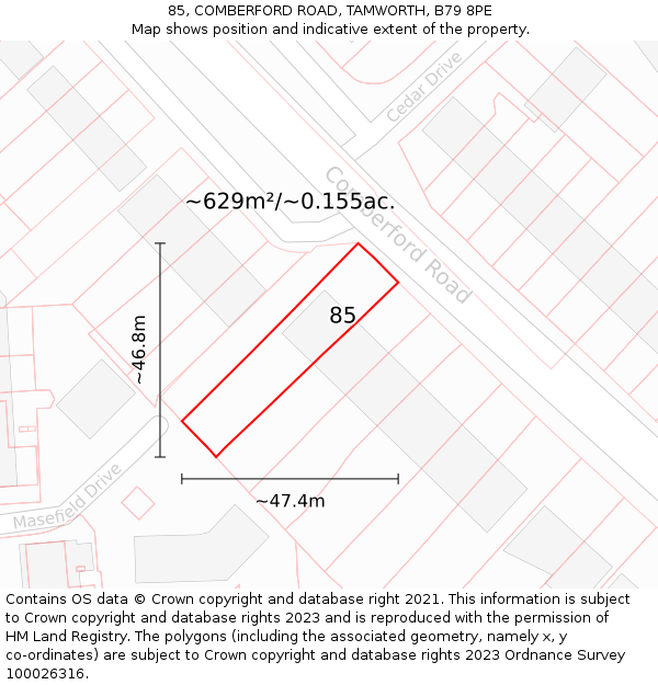 85, COMBERFORD ROAD, TAMWORTH, B79 8PE: Plot and title map