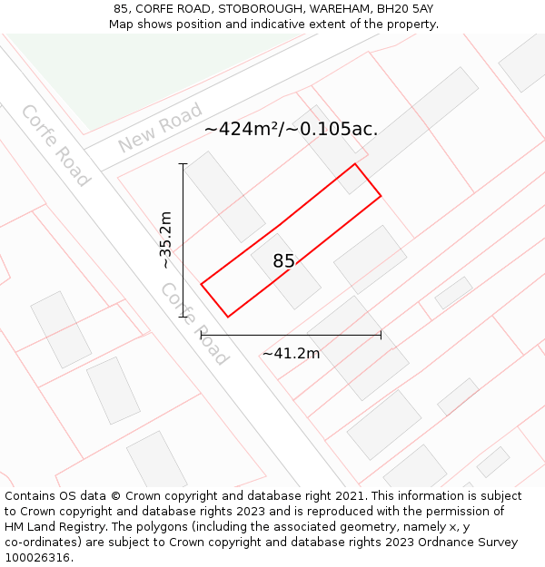 85, CORFE ROAD, STOBOROUGH, WAREHAM, BH20 5AY: Plot and title map