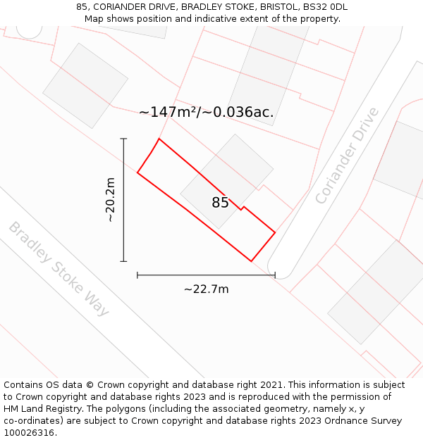 85, CORIANDER DRIVE, BRADLEY STOKE, BRISTOL, BS32 0DL: Plot and title map