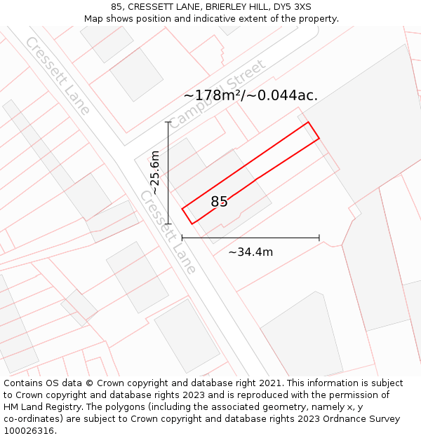 85, CRESSETT LANE, BRIERLEY HILL, DY5 3XS: Plot and title map