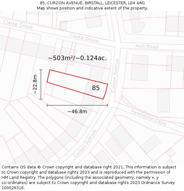 85, CURZON AVENUE, BIRSTALL, LEICESTER, LE4 4AG: Plot and title map