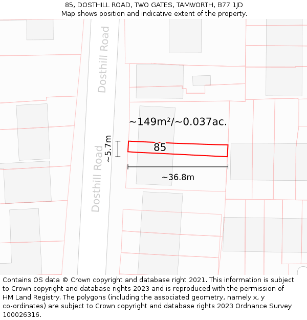 85, DOSTHILL ROAD, TWO GATES, TAMWORTH, B77 1JD: Plot and title map