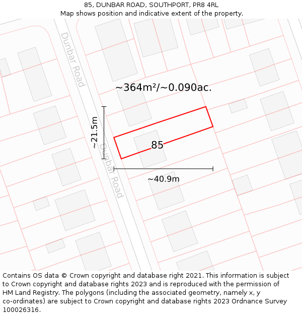 85, DUNBAR ROAD, SOUTHPORT, PR8 4RL: Plot and title map