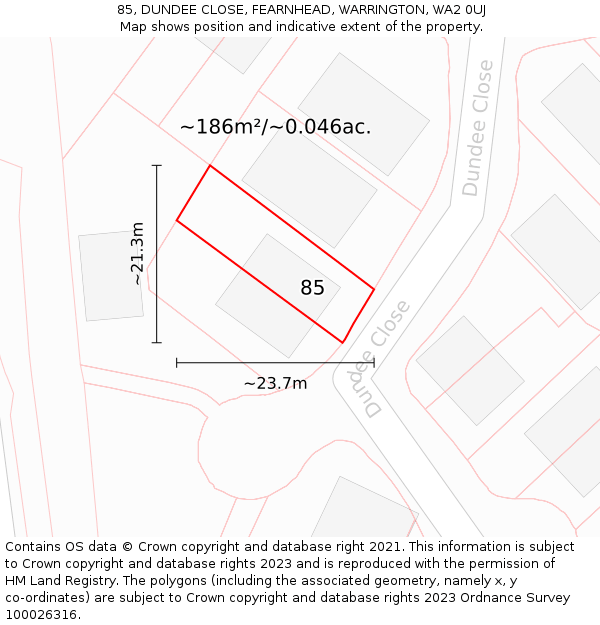 85, DUNDEE CLOSE, FEARNHEAD, WARRINGTON, WA2 0UJ: Plot and title map