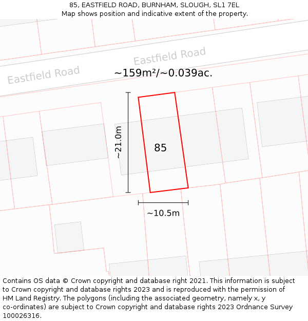 85, EASTFIELD ROAD, BURNHAM, SLOUGH, SL1 7EL: Plot and title map