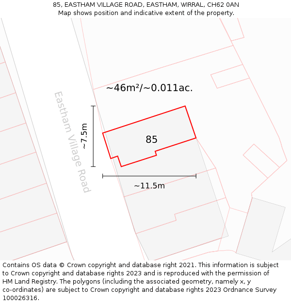 85, EASTHAM VILLAGE ROAD, EASTHAM, WIRRAL, CH62 0AN: Plot and title map