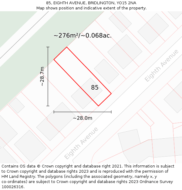 85, EIGHTH AVENUE, BRIDLINGTON, YO15 2NA: Plot and title map