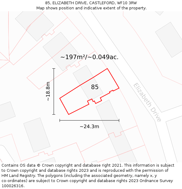 85, ELIZABETH DRIVE, CASTLEFORD, WF10 3RW: Plot and title map