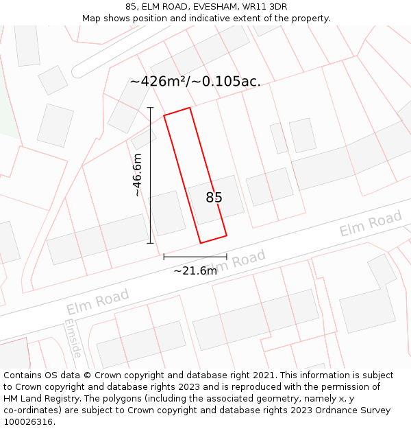 85, ELM ROAD, EVESHAM, WR11 3DR: Plot and title map