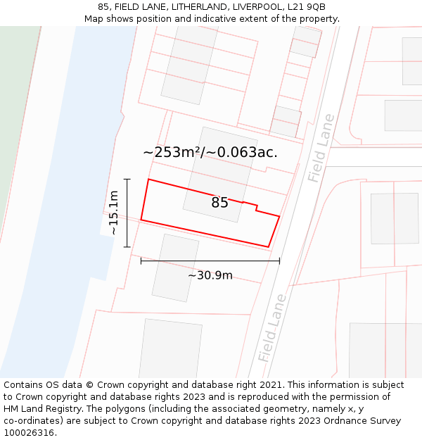 85, FIELD LANE, LITHERLAND, LIVERPOOL, L21 9QB: Plot and title map