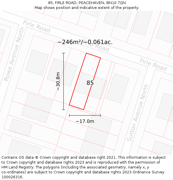 85, FIRLE ROAD, PEACEHAVEN, BN10 7QN: Plot and title map