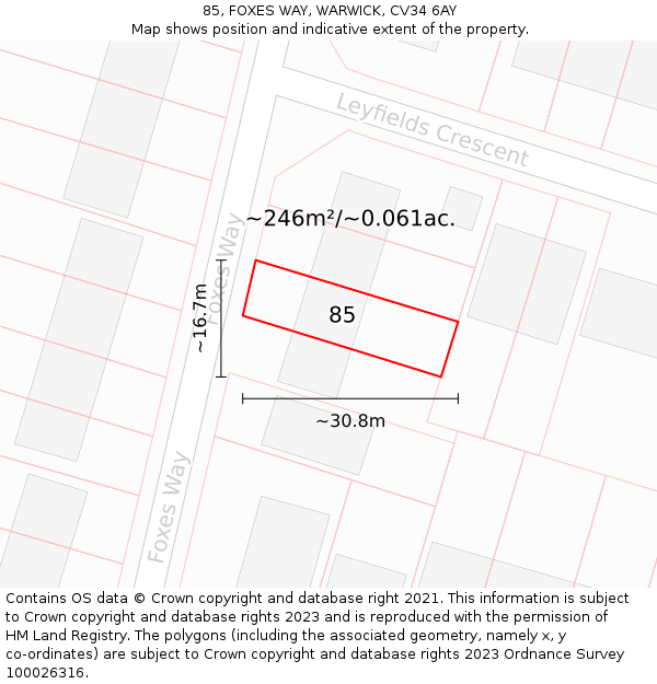 85, FOXES WAY, WARWICK, CV34 6AY: Plot and title map